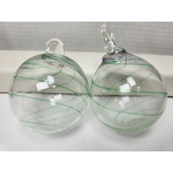 Handblown Clear Art Glass Ornaments Green Swirl Set of 2 Applied Loop Tops 2.5" - Picture 4 of 7